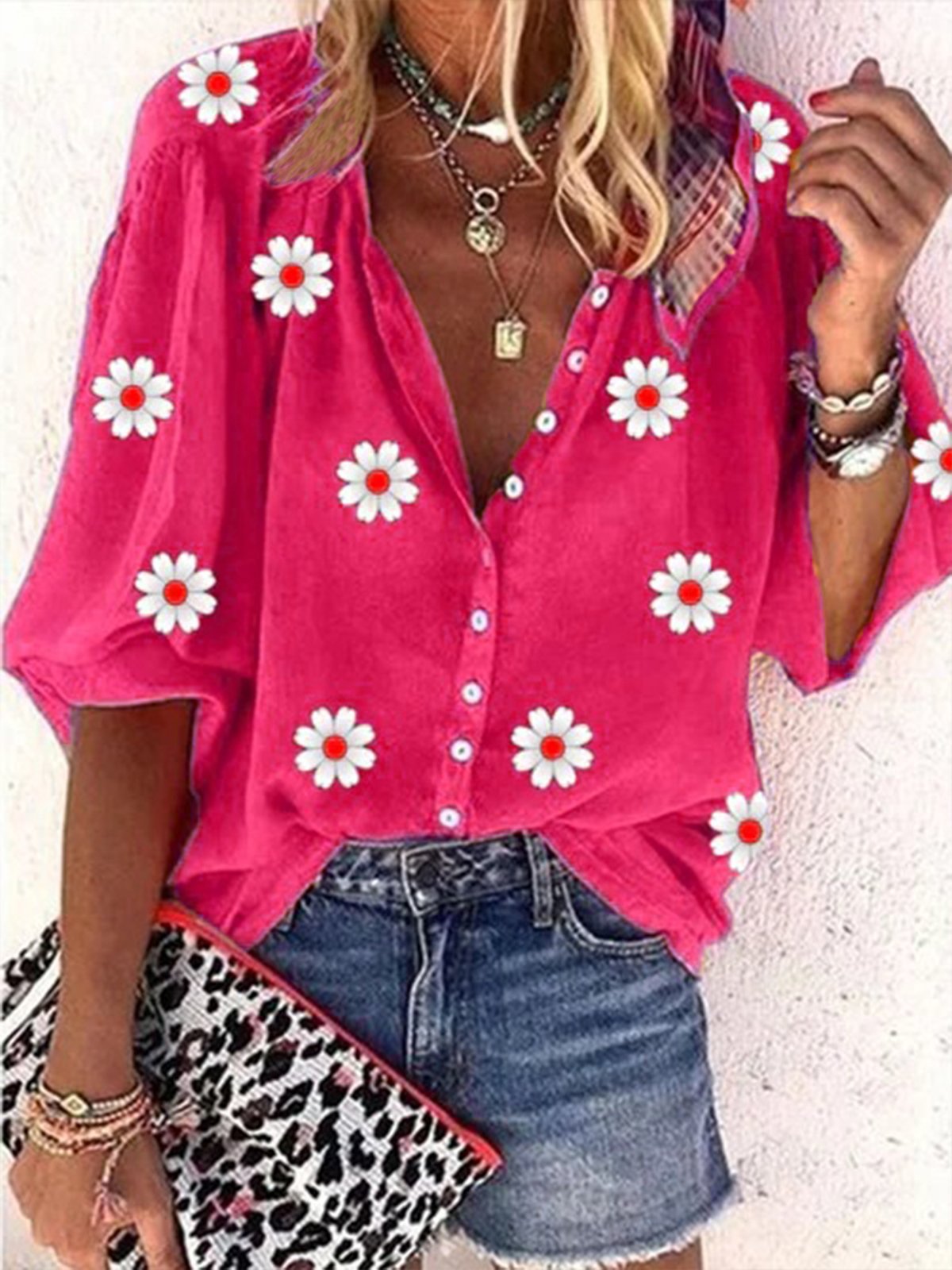 Chemisier Femme Casual Automne Daisy Col V Léger Aucune élasticité Trois Quarts Régulier H-Line