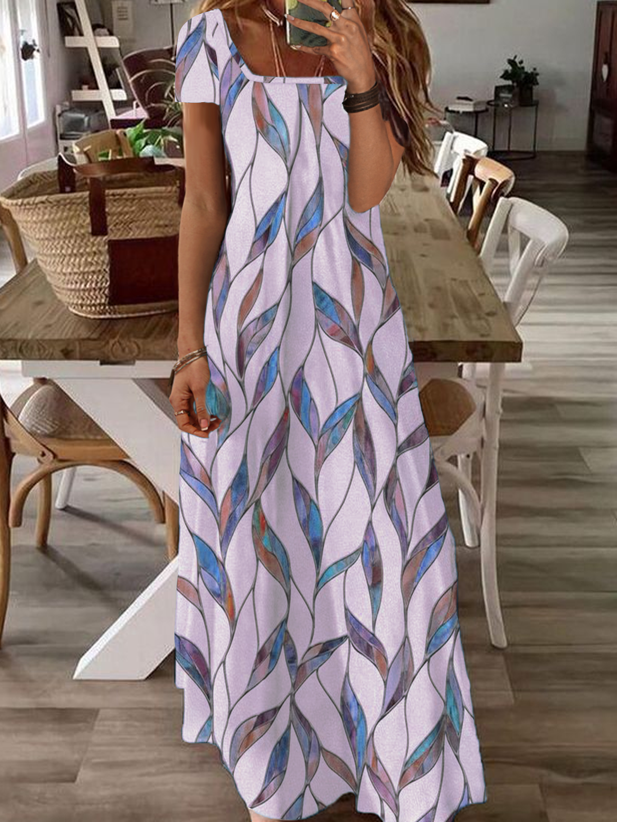 Femmes Abstrait Blanc Col Carré Confortable Robe Maxi Décontracté