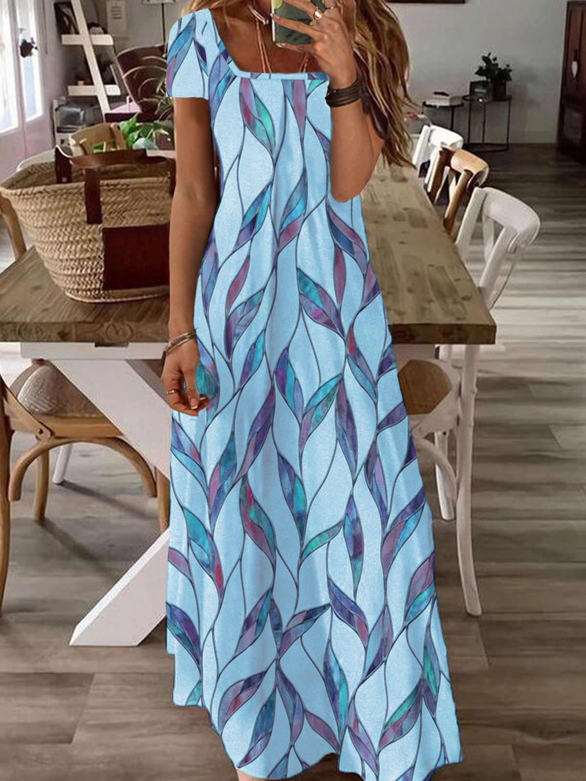 Femmes Abstrait Blanc Col Carré Confortable Robe Maxi Décontracté