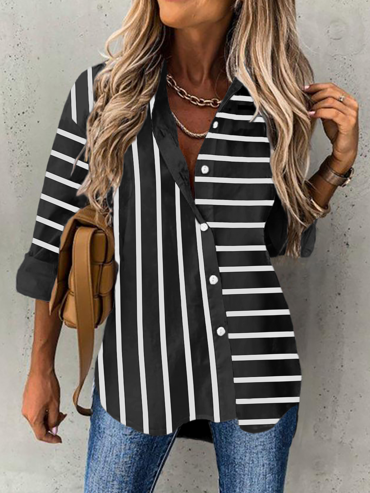 Chemisier Rayé Décontracté Automne Polyester Quotidien Ample Normal Ligne en H Taille normale pour Femme