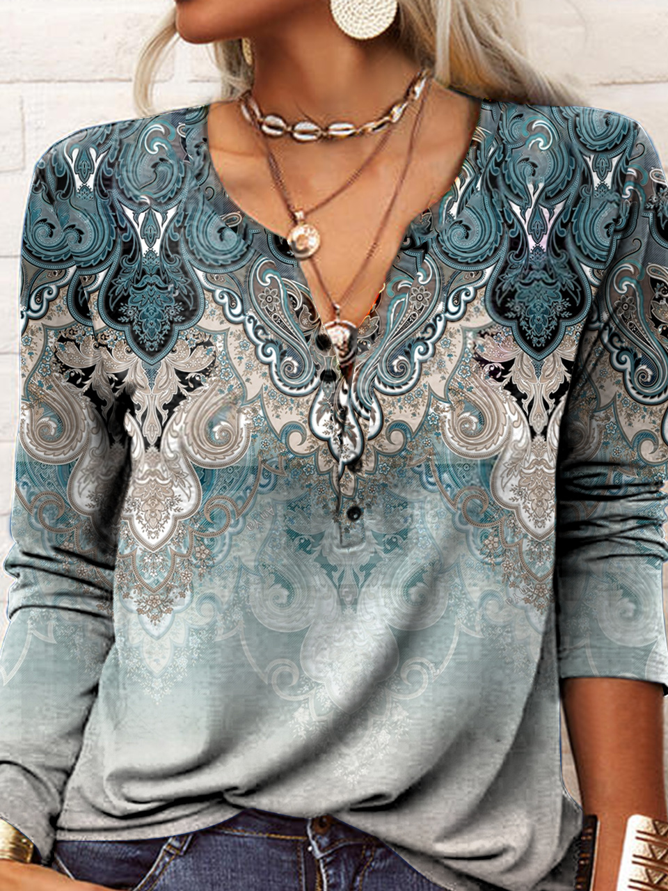 T-shirts Boho Ethnique Printemps / Automne Jersey Manches Longues Régulier Régulier Col mi-ouvert N / A pour Femmes