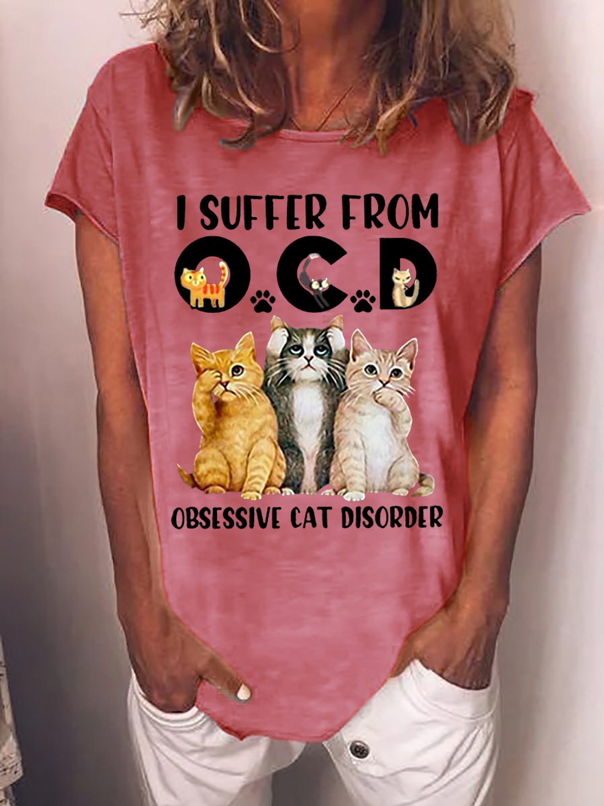 T-shirts Décontracté Été Chat Ample Manches Courtes Col Rond Régulier Droit Régulier pour Femmes