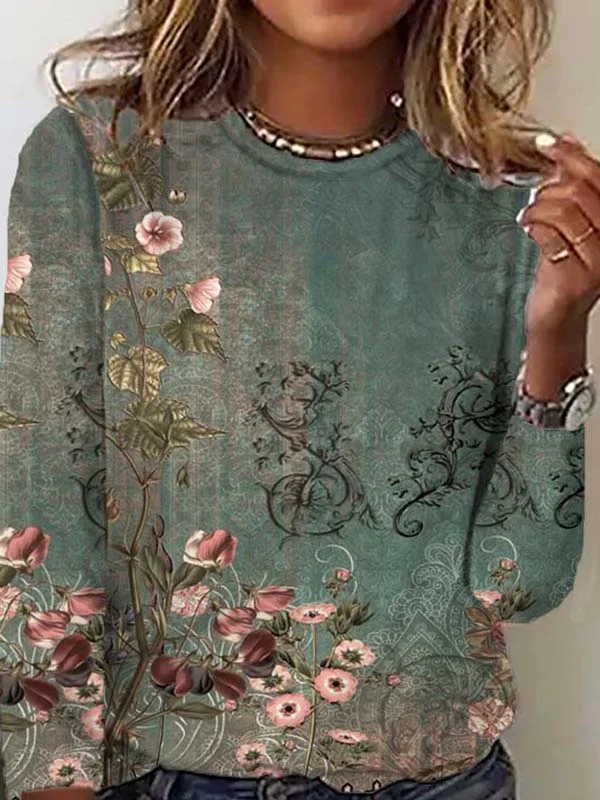 T-Chemise Décontracté Floral Automne Ample Meilleure vente Manches Longues Col Rond Régulier H-ligne pour Femmes