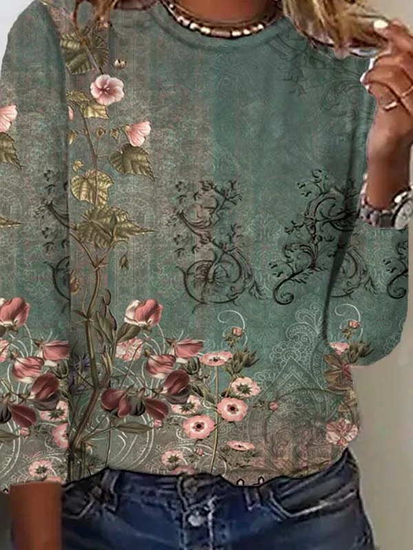 T-Chemise Décontracté Floral Automne Ample Meilleure vente Manches Longues Col Rond Régulier H-ligne pour Femmes