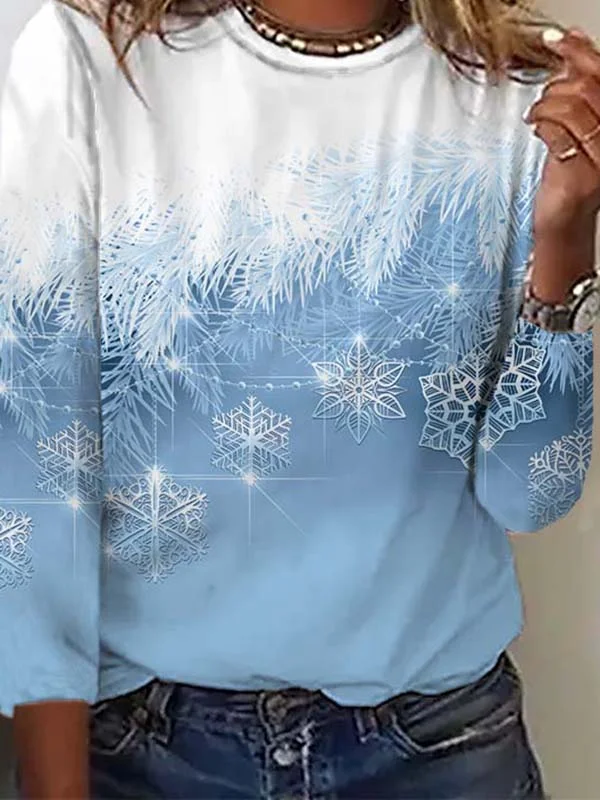 T-Chemise Décontracté Automne Noël Micro-Élasticité Ample Noël Col Rond H-ligne Régulier pour Femmes