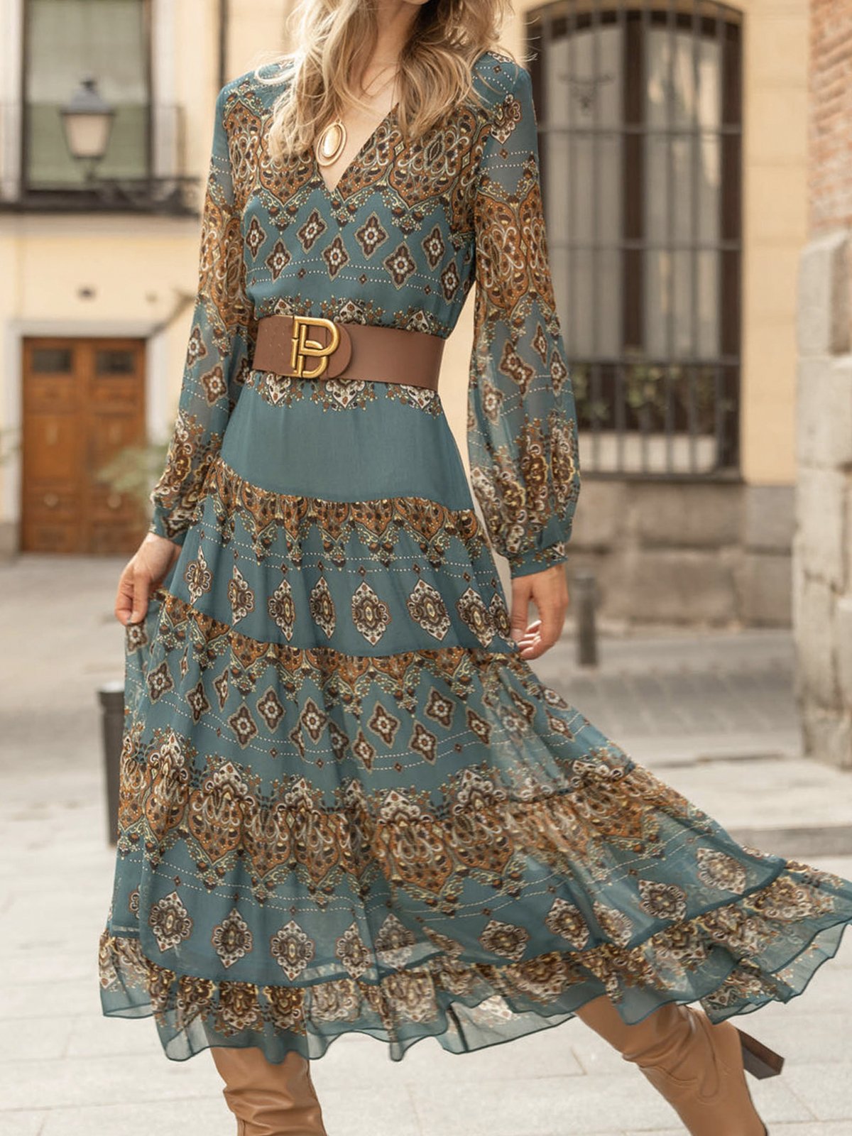 Robes Femmes Ethnique Printemps Vacances en Mousseline de Soie Col V Aucune élasticité Ample A-ligne Régulier