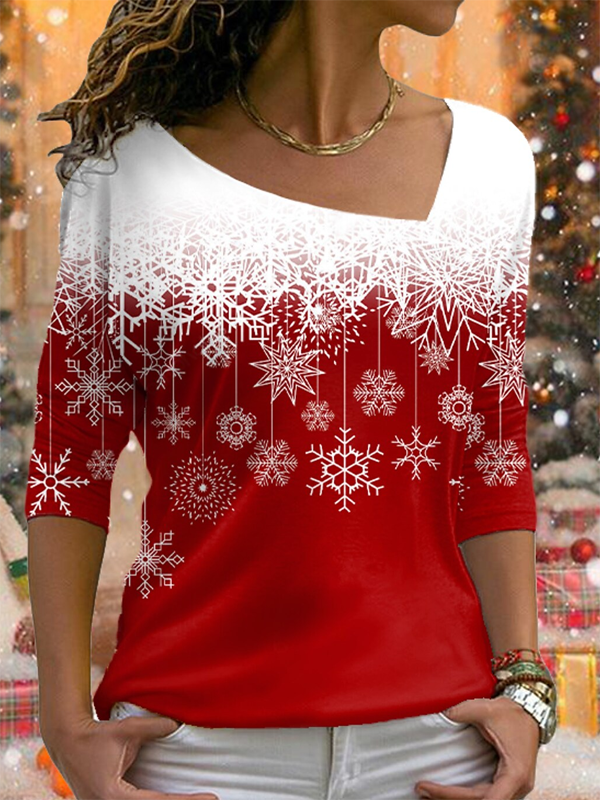T-Chemise Décontracté Hiver Noël Micro-Élasticité Jersey Noël Asymétrique H-ligne Régulier pour Femmes