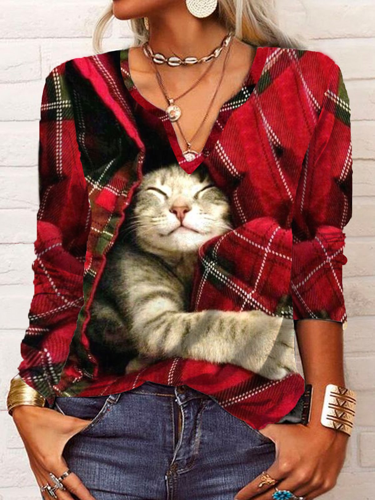 T-Chemise Femmes Décontracté Hiver Plaid Col V Léger Micro-Élasticité Vacances Manches Longues H-ligne