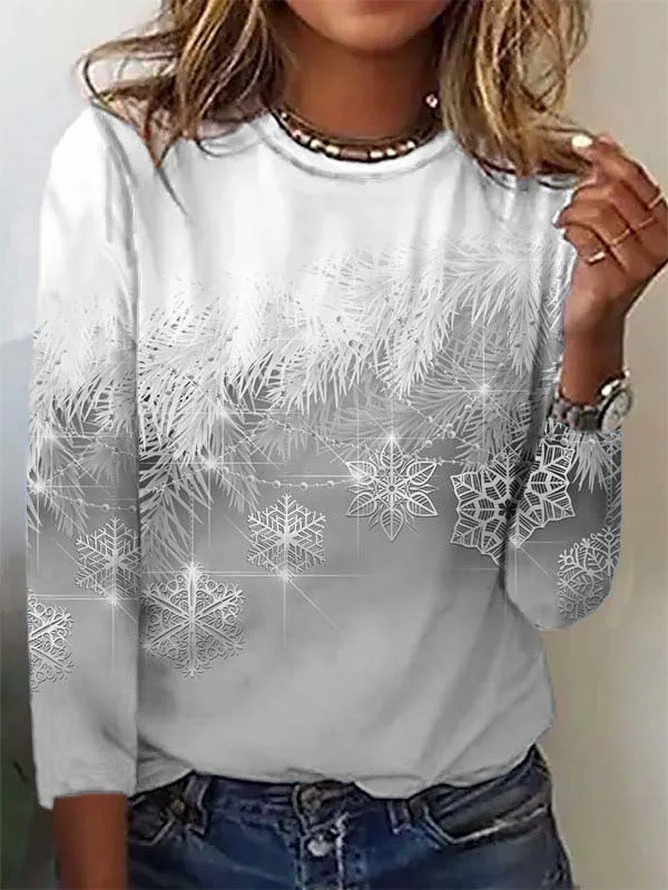 T-Chemise Décontracté Automne Noël Micro-Élasticité Ample Noël Col Rond H-ligne Régulier pour Femmes