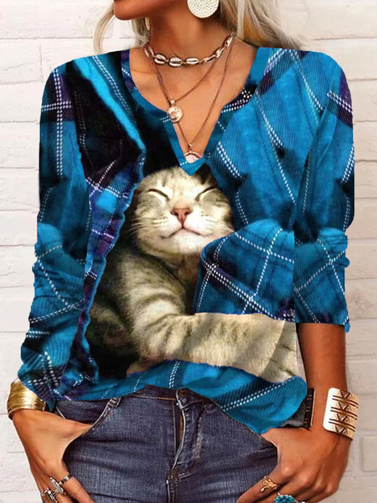 T-Chemise Femmes Décontracté Hiver Plaid Col V Léger Micro-Élasticité Vacances Manches Longues H-ligne