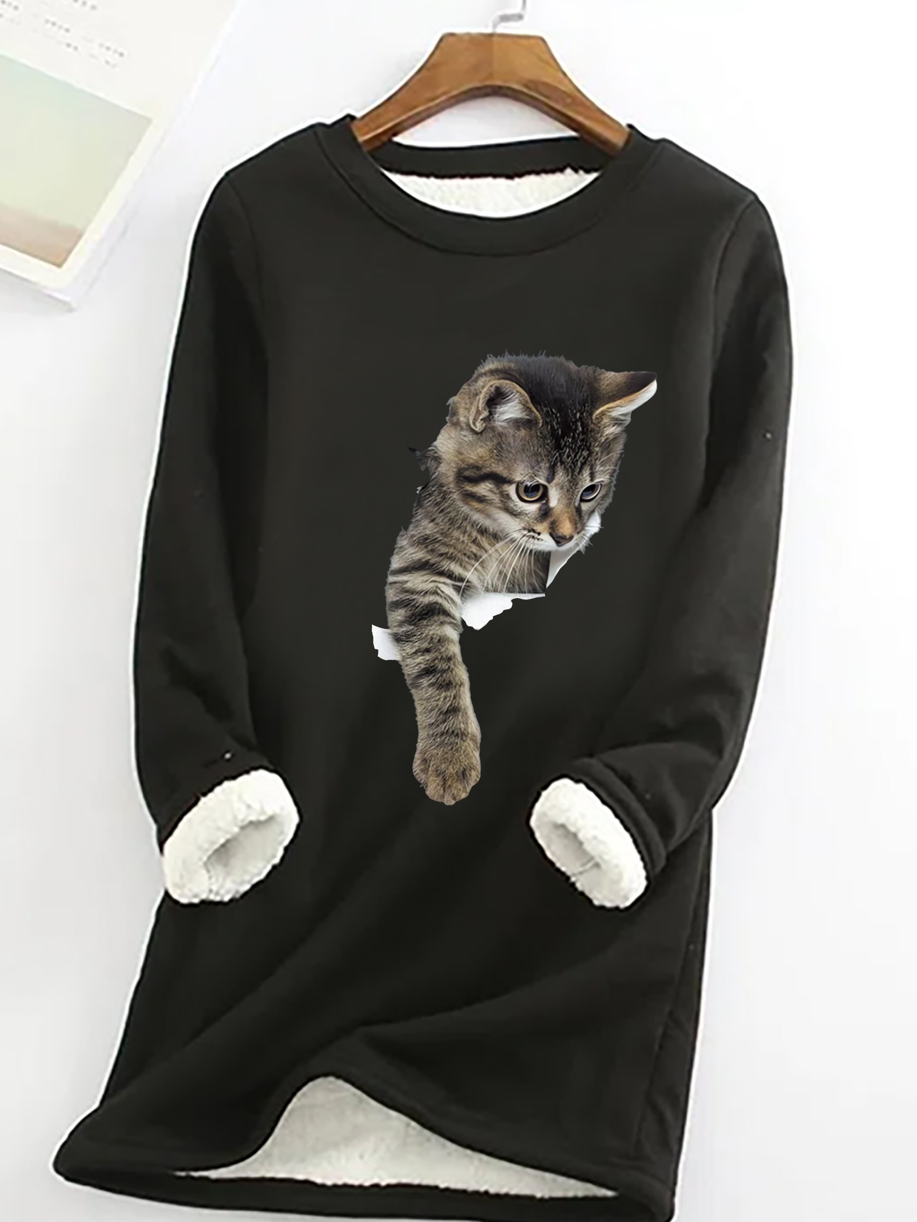 Sweat-shirts Printemps / Automne Simple Chat Polyester Micro-élasticité Quotidien Ample Manches Longues Col Rond pour Femmes