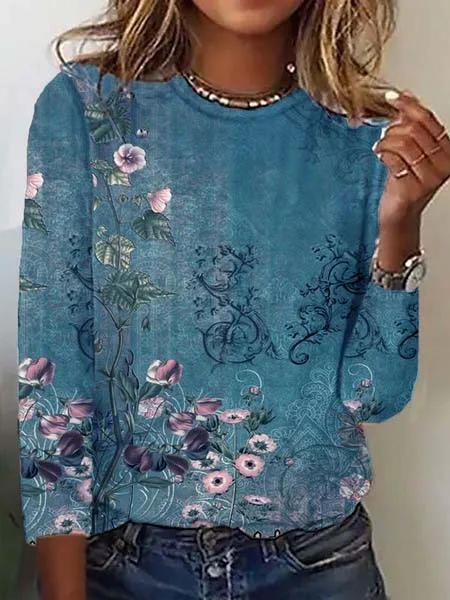 T-Chemise Décontracté Floral Automne Ample Meilleure vente Manches Longues Col Rond Régulier H-ligne pour Femmes