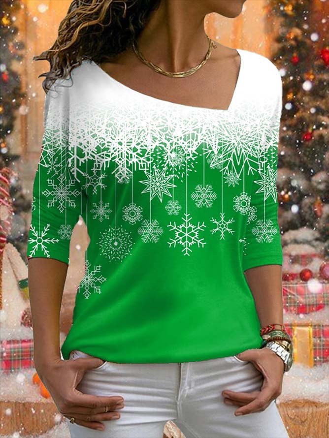 T-Chemise Décontracté Hiver Noël Micro-Élasticité Jersey Noël Asymétrique H-ligne Régulier pour Femmes