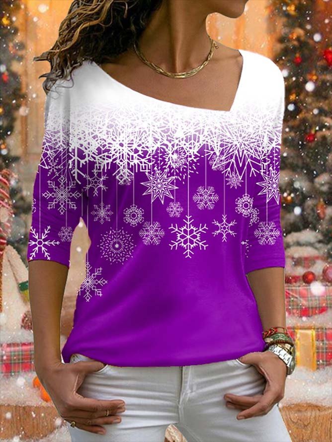 T-Chemise Décontracté Hiver Noël Micro-Élasticité Jersey Noël Asymétrique H-ligne Régulier pour Femmes