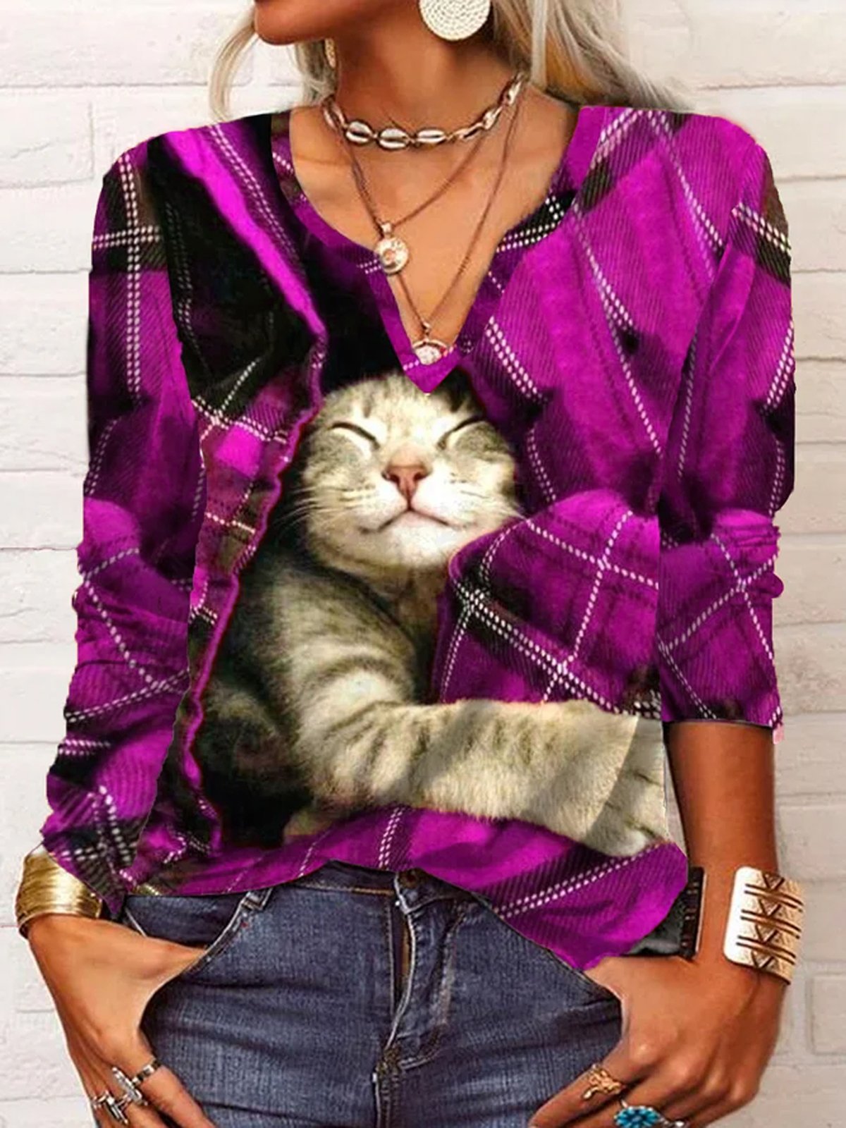 T-Chemise Femmes Décontracté Hiver Plaid Col V Léger Micro-Élasticité Vacances Manches Longues H-ligne