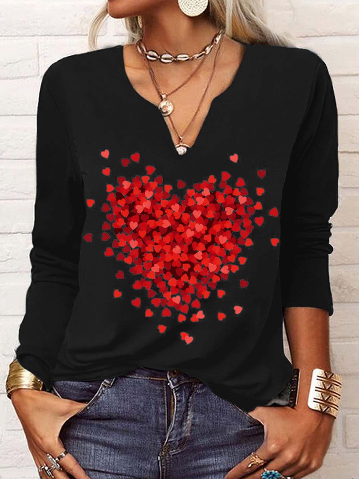T-Chemise Décontracté Printemps Coeur/cordé Col V Quotidien Ample Jersey Manches Longues Régulier pour Femmes