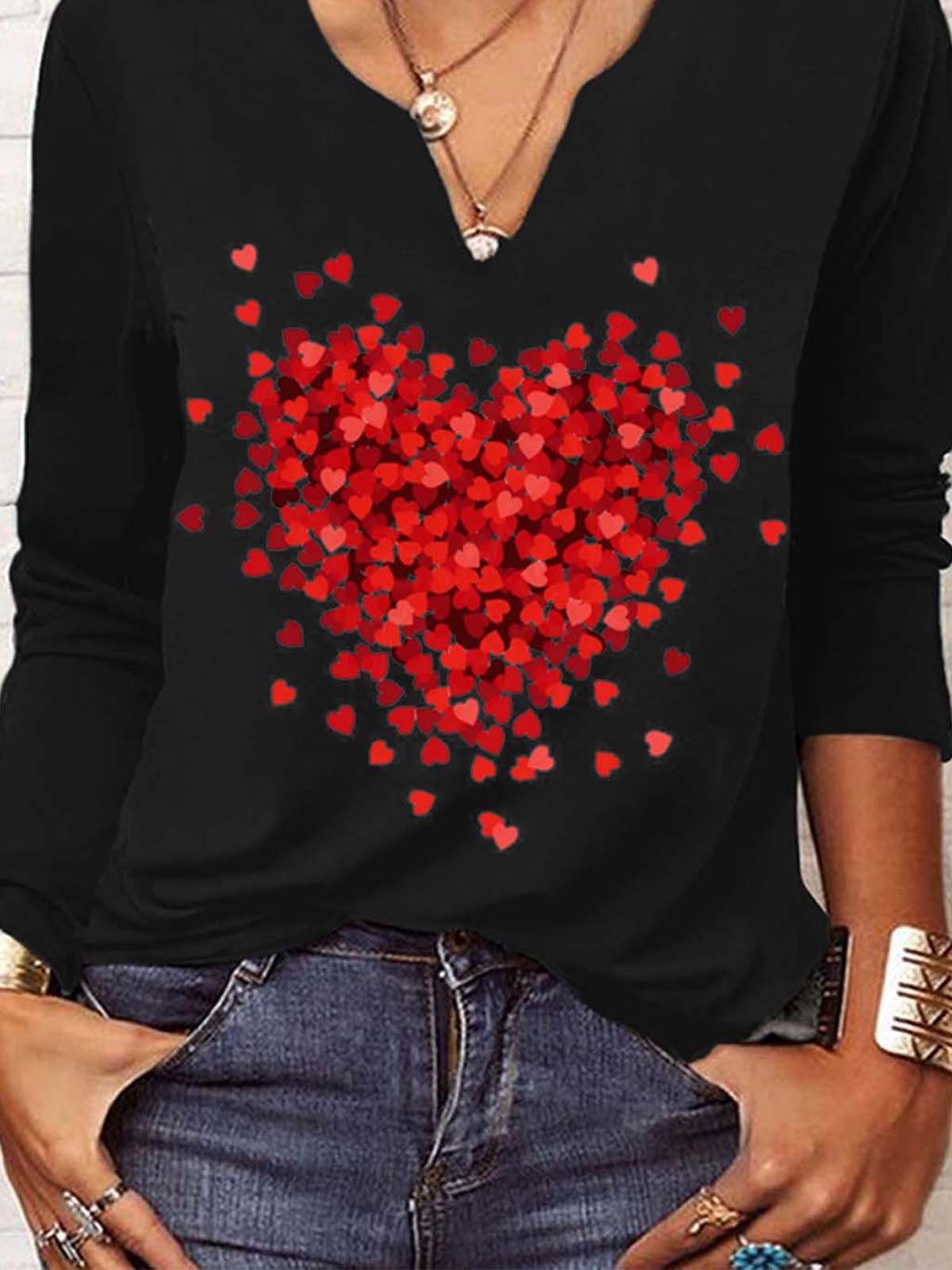 T-Chemise Décontracté Printemps Coeur/cordé Col V Quotidien Ample Jersey Manches Longues Régulier pour Femmes