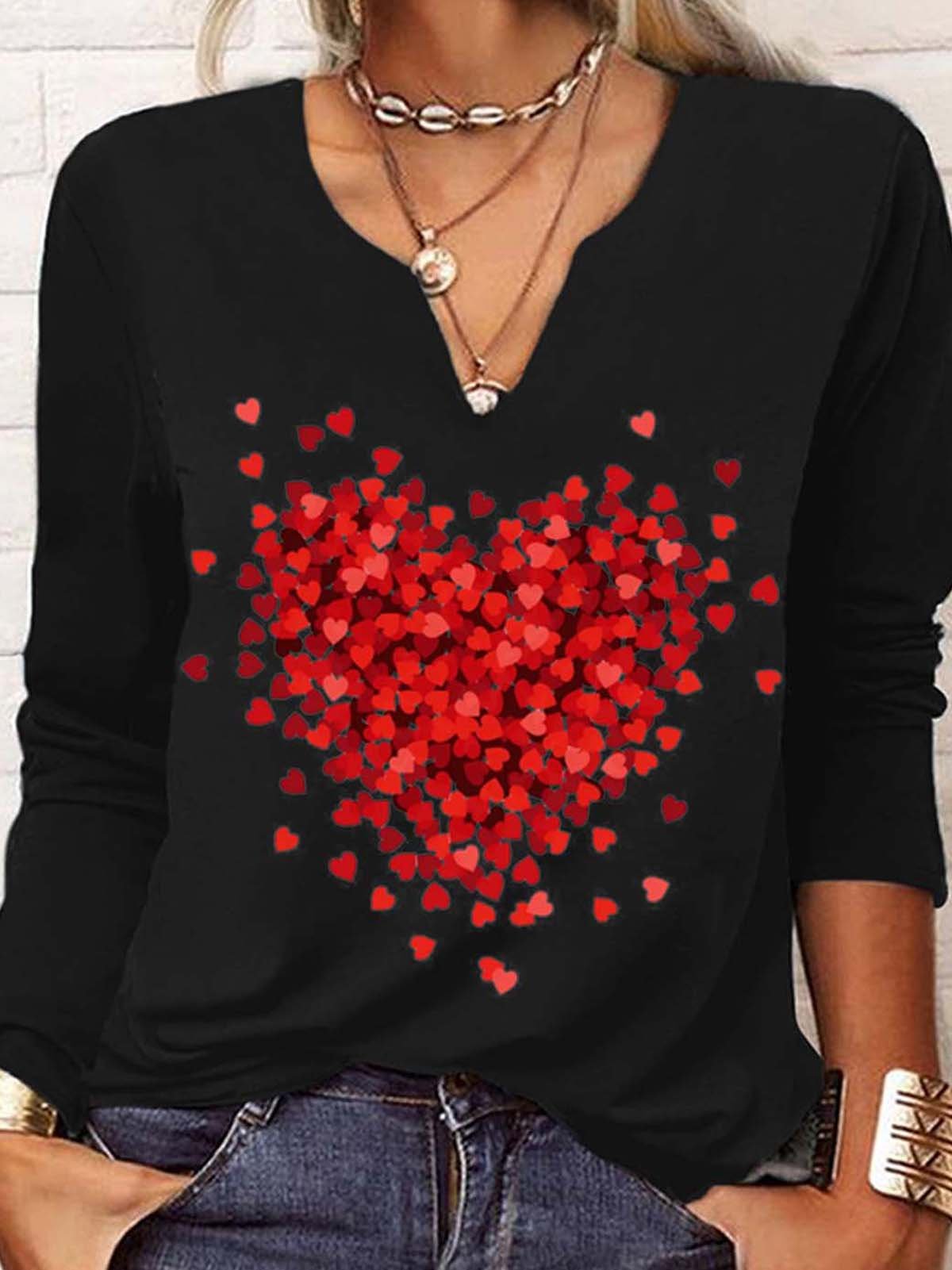 T-Chemise Décontracté Printemps Coeur/cordé Col V Quotidien Ample Jersey Manches Longues Régulier pour Femmes
