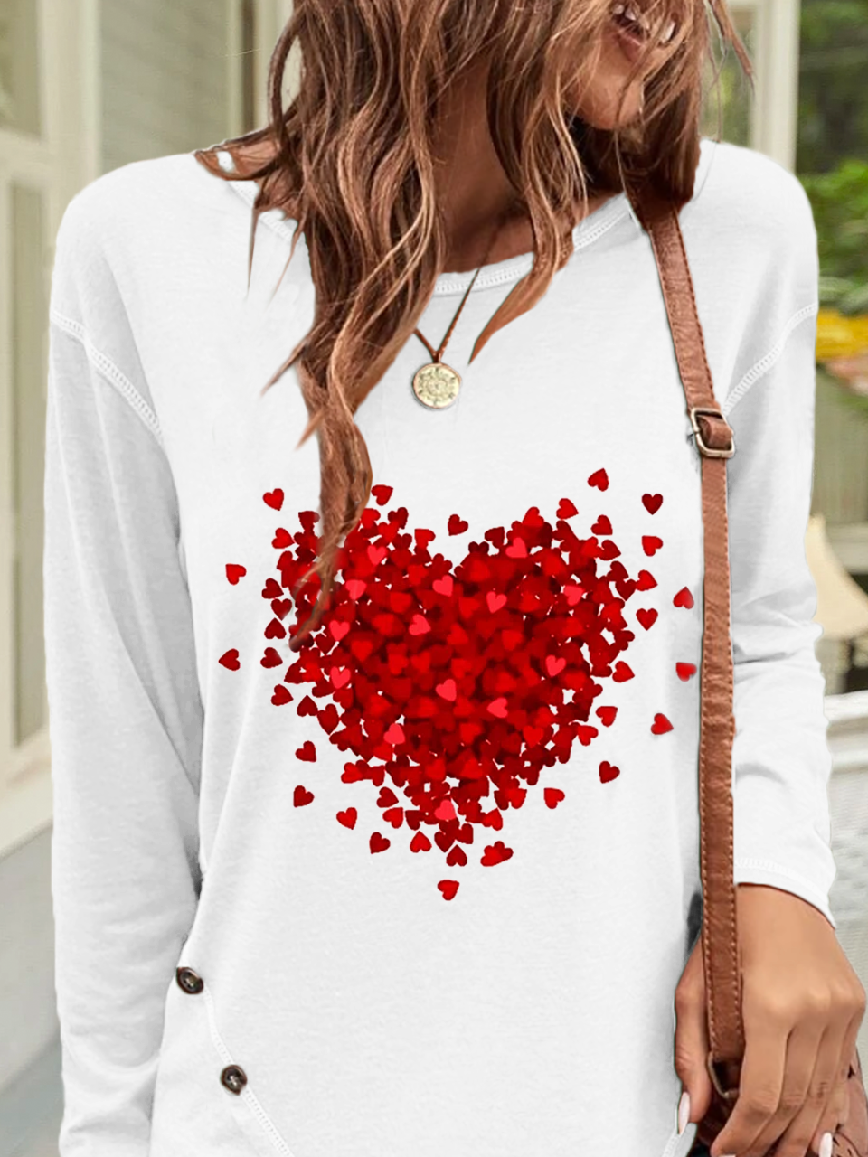 T-shirts Femmes Décontracté Printemps / Automne Coeur/cordé Boutonné Jersey Manches Longues Col Rond Droit Régulier