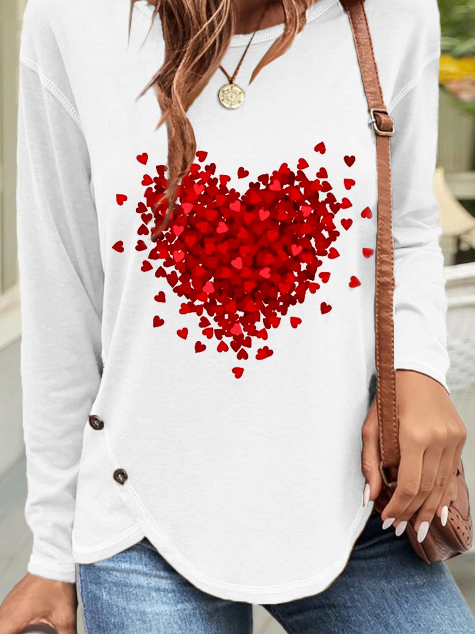 T-shirts Femmes Décontracté Printemps / Automne Coeur/cordé Boutonné Jersey Manches Longues Col Rond Droit Régulier
