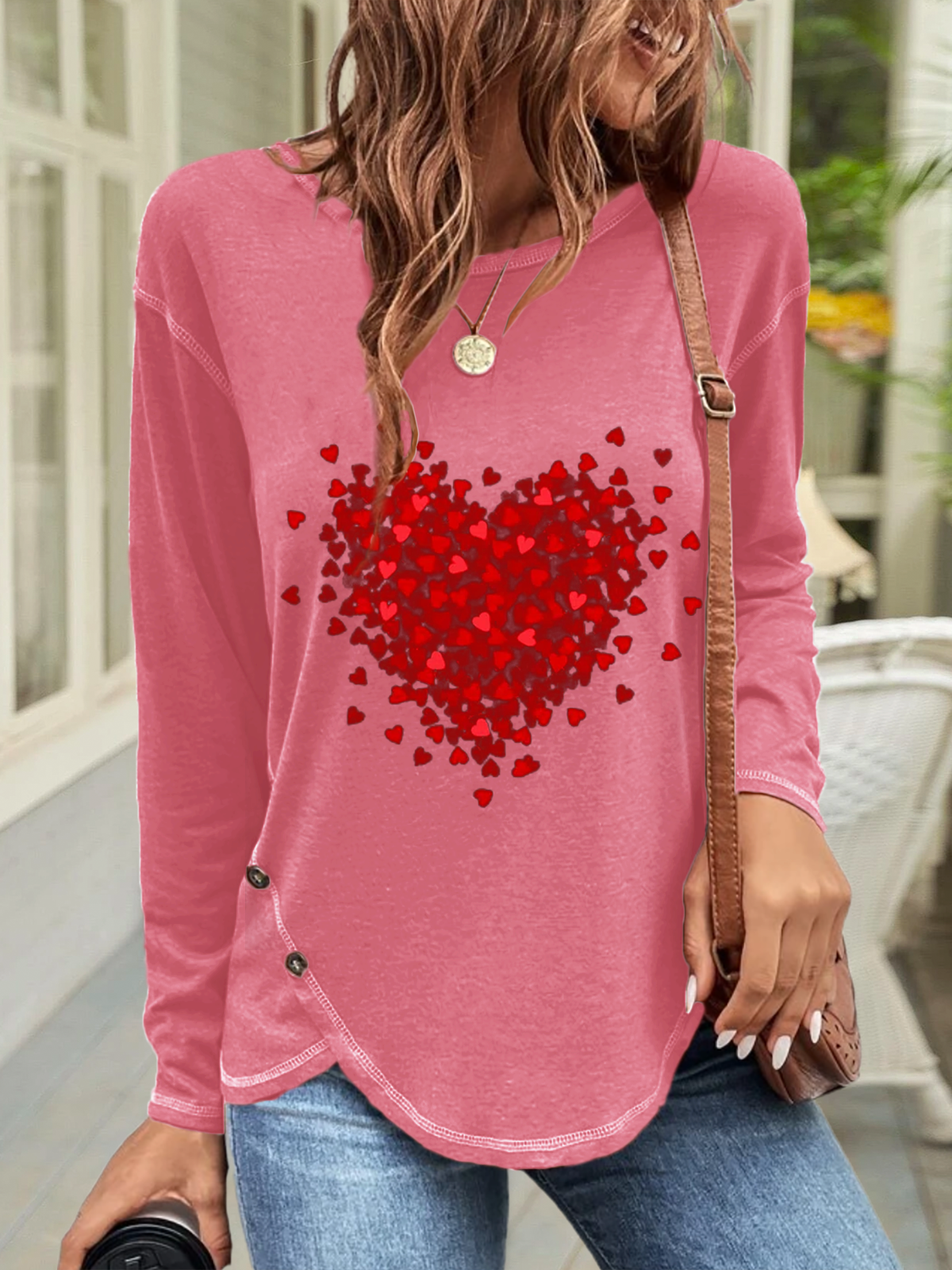 T-shirts Femmes Décontracté Printemps / Automne Coeur/cordé Boutonné Jersey Manches Longues Col Rond Droit Régulier