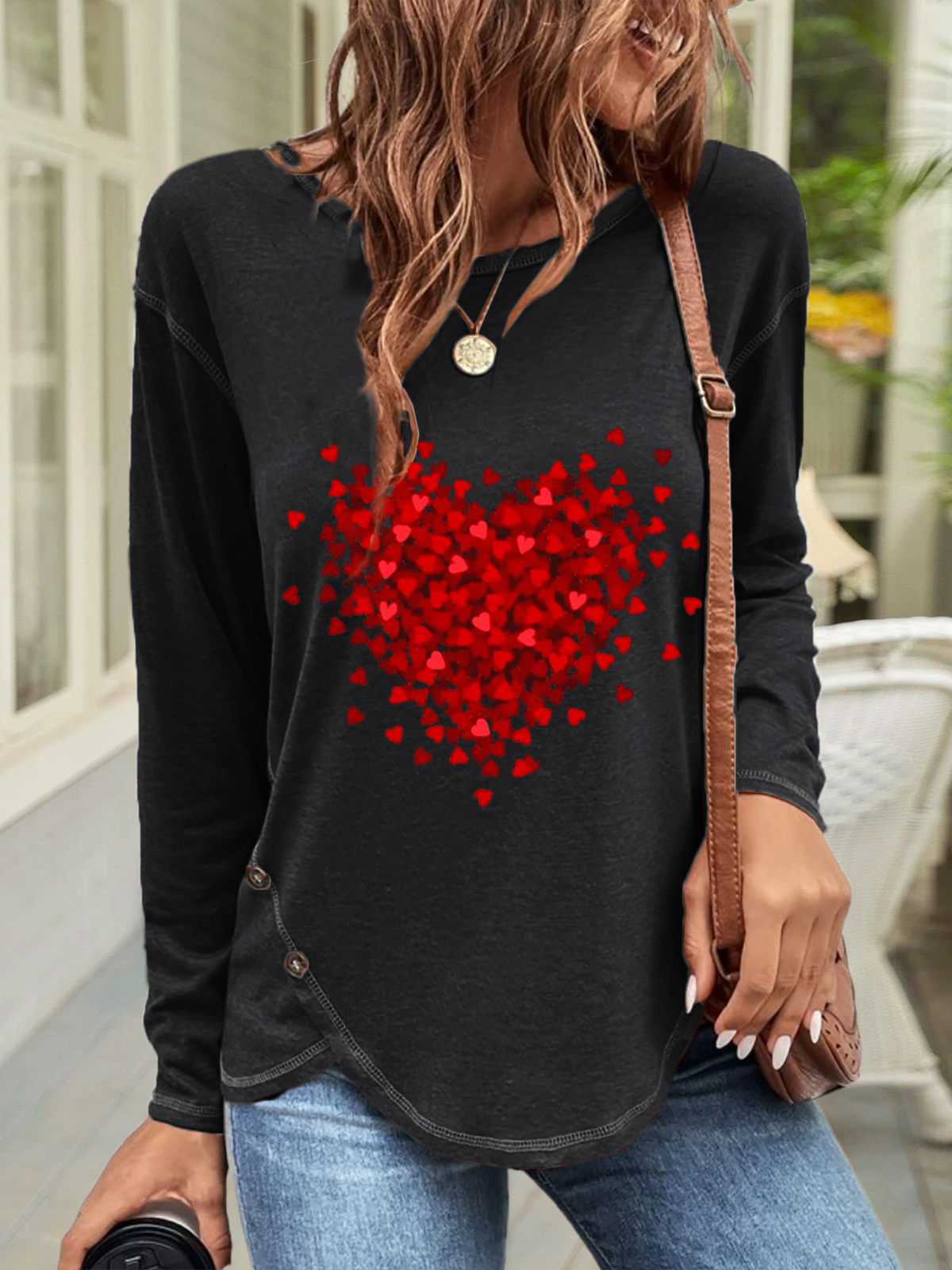 T-shirts Femmes Décontracté Printemps / Automne Coeur/cordé Boutonné Jersey Manches Longues Col Rond Droit Régulier
