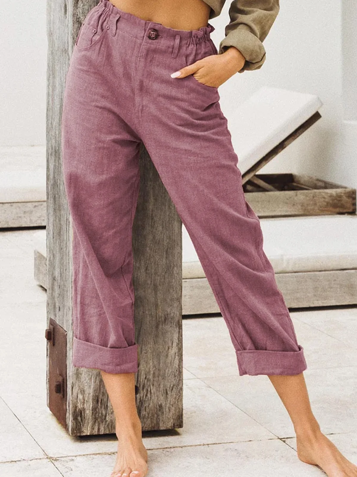 Pantalons Décontractés Simples en Coton et Lin