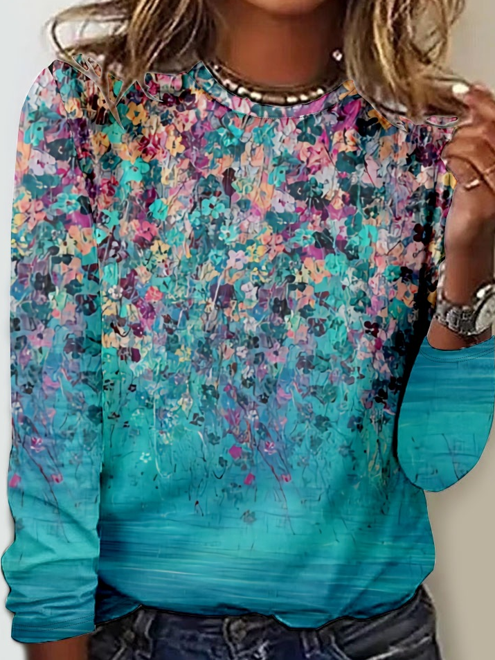 Chemisiers1 Femmes Floral Printemps / Automne Simple Micro-élasticité Coupe Régulière Manches Longues Col Rond Droit Régulier