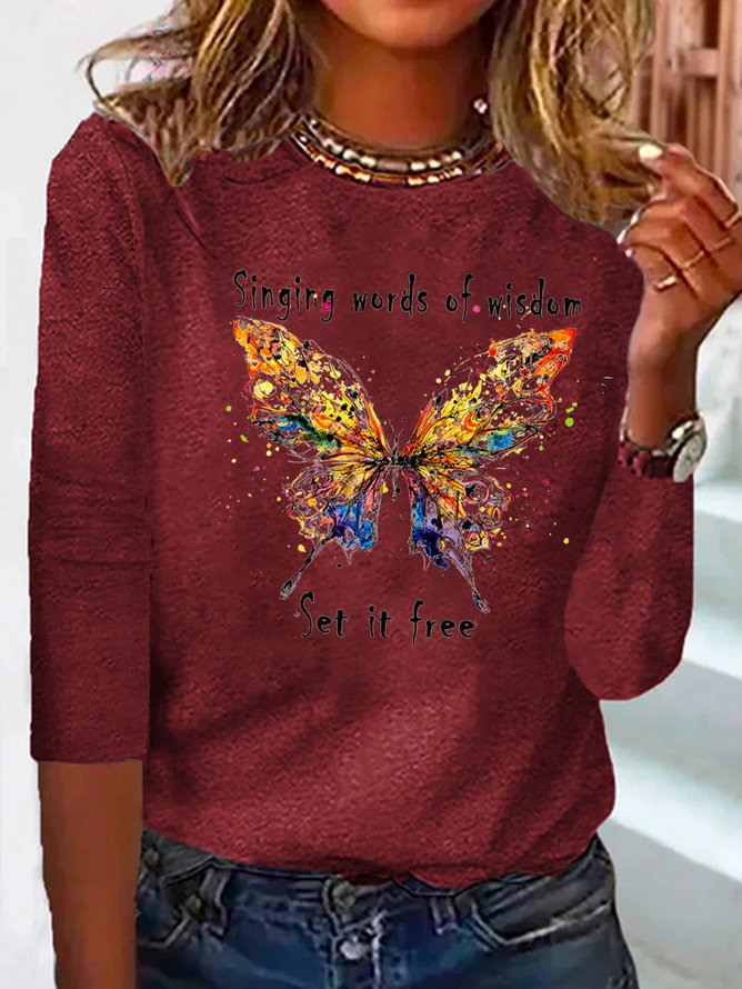 T-Chemise Femmes Décontracté Automne Papillon Quotidien Jersey Standard Col Rond H-ligne Régulier