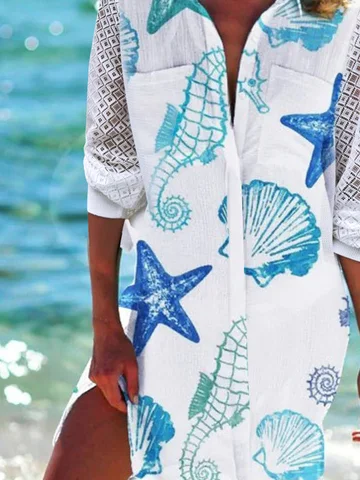 Robes Décontracté Printemps / Automne Marin Vie Polyester Naturel Ample Jupe Manches Longues Régulier pour Femmes