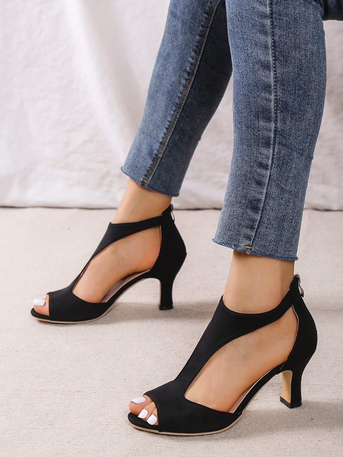 à Bout Ouvert Sandales Femme Plain Été Urbain Respirable Quotidien Bout Rond ÉPINGLES Style Faux Suède à Bout Ouvert Sandales