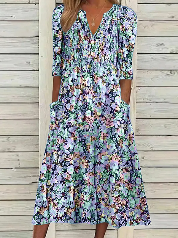 Robe chemise femme floral bohème col v décontracté demi manche