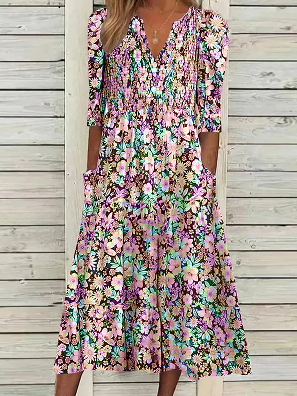 Robe chemise femme floral bohème col v décontracté demi manche