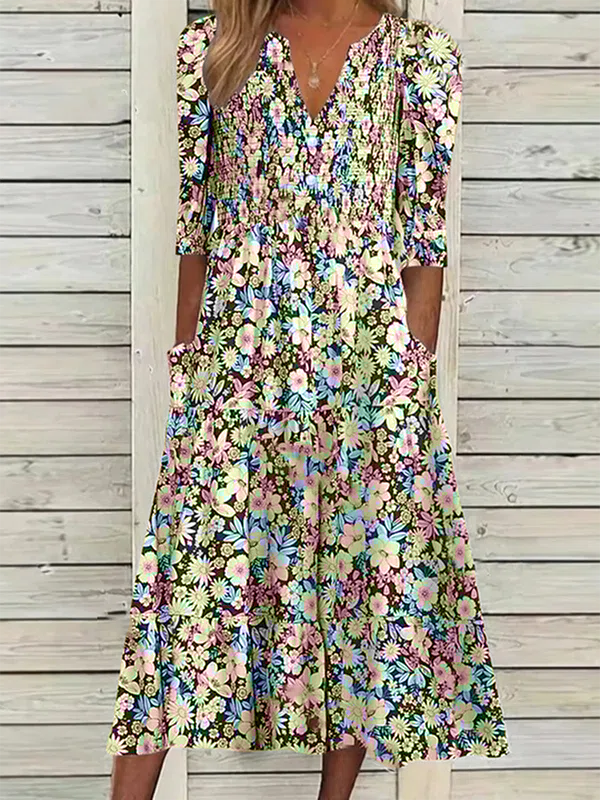 Robe chemise femme floral bohème col v décontracté demi manche
