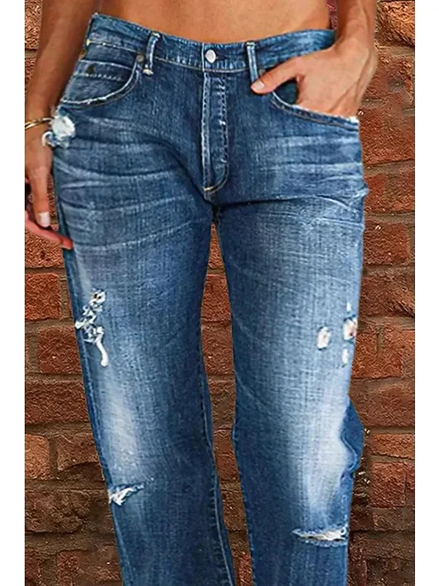 Jeans Décontracté Plain Toutes Les Saisons Naturel Aucune élasticité Quotidien Pantalon droit Toile de Jean Droit pour Femmes