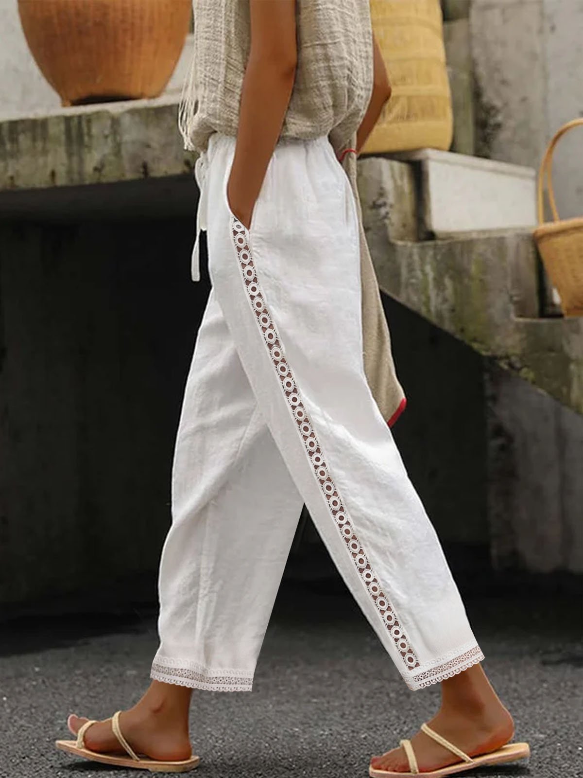 Pantalon Décontracté Plain Toutes Les Saisons Coton Naturel Aucune élasticité Standard Long Régulier pour Femmes