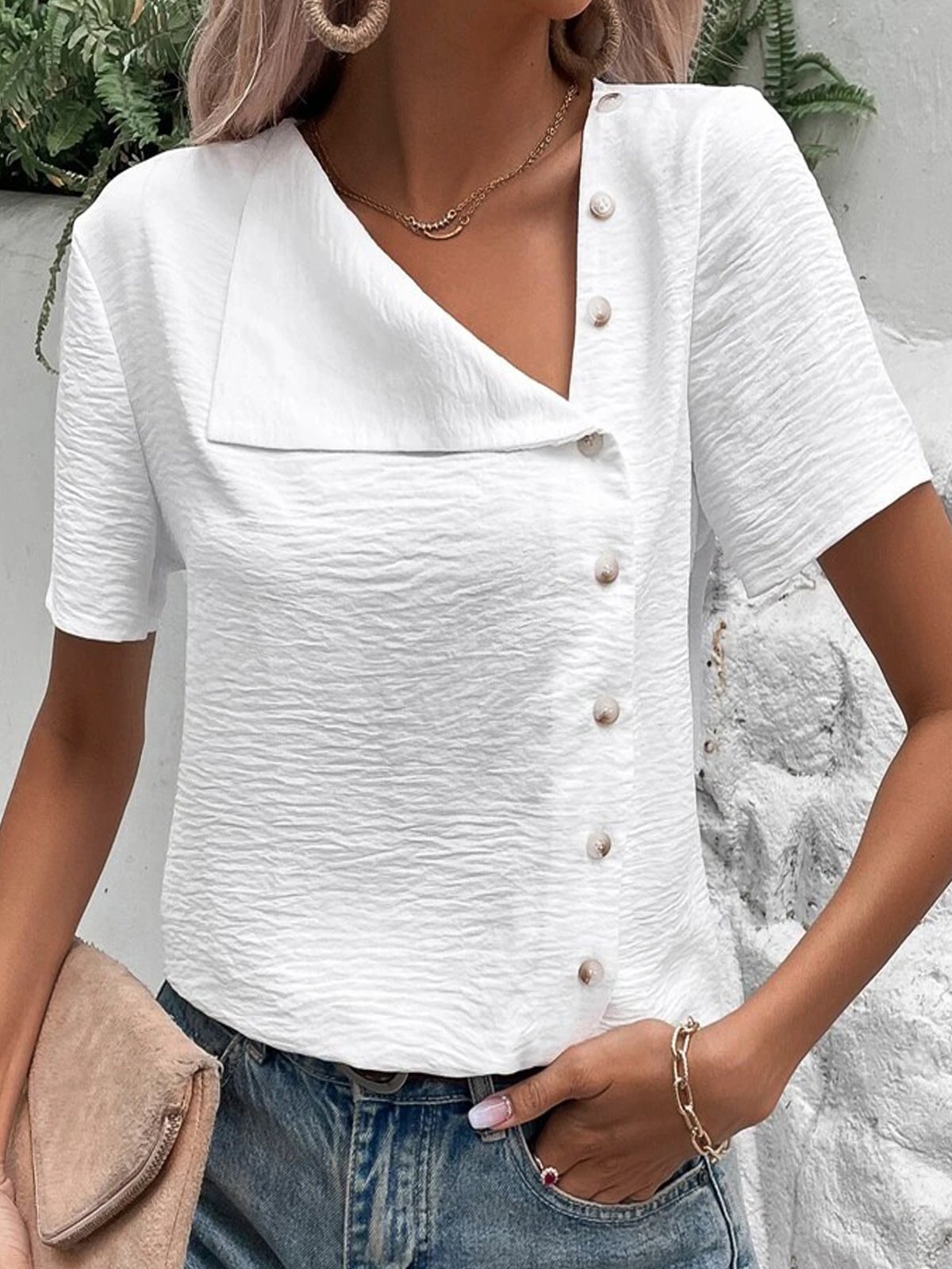 Blouses Femmes Décontracté Plain Été Polyester Manches Courtes Régulier Droit Boucle Régulier