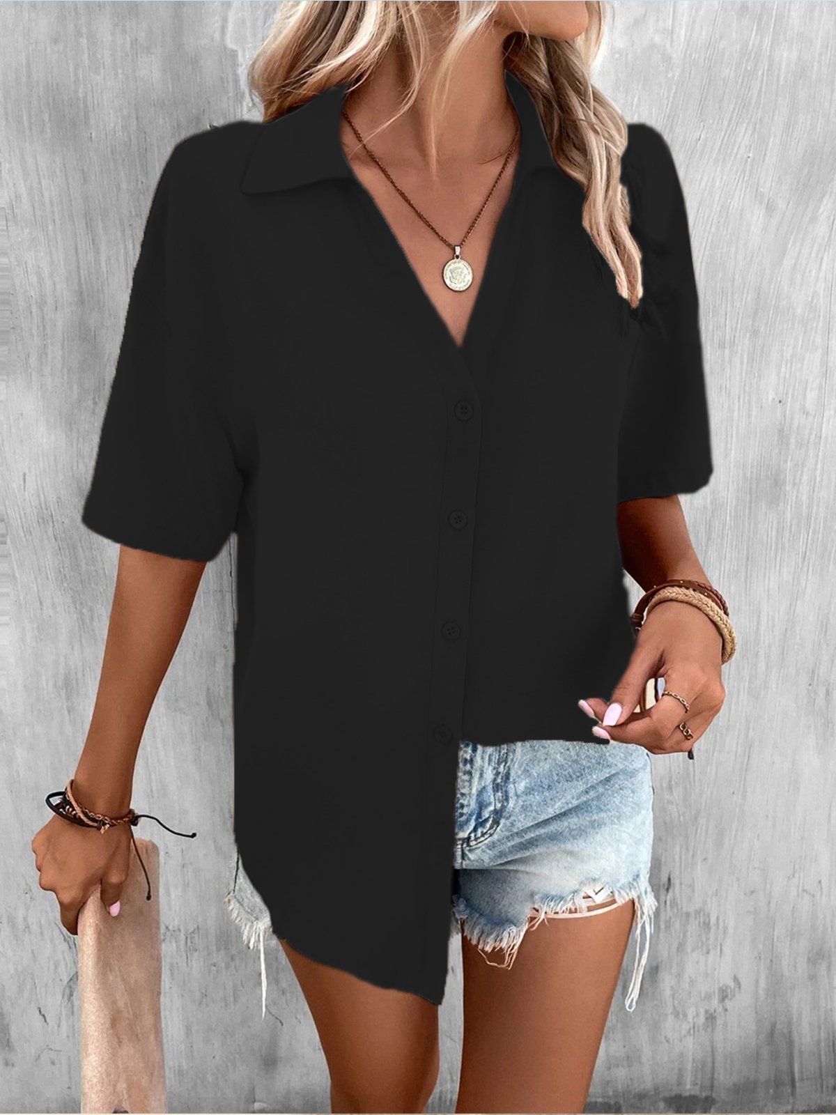 Blouses Femmes Décontracté Plain Été Polyester Ample Régulier Droit Régulier T.-N.-L.