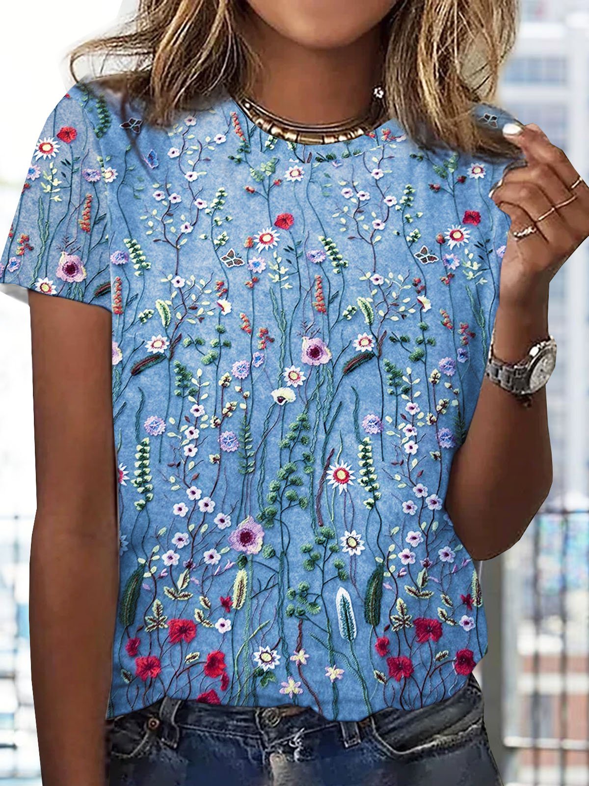 T-shirts Femmes Décontracté Floral Été Micro-élasticité Ample Jersey Col Rond Régulier Régulier