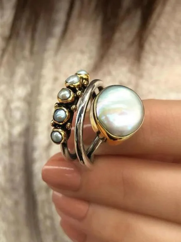 Bagues Rétro Plain Toutes Les Saisons Métal Faire la navette Perle Perle Standard Bague pour Femmes