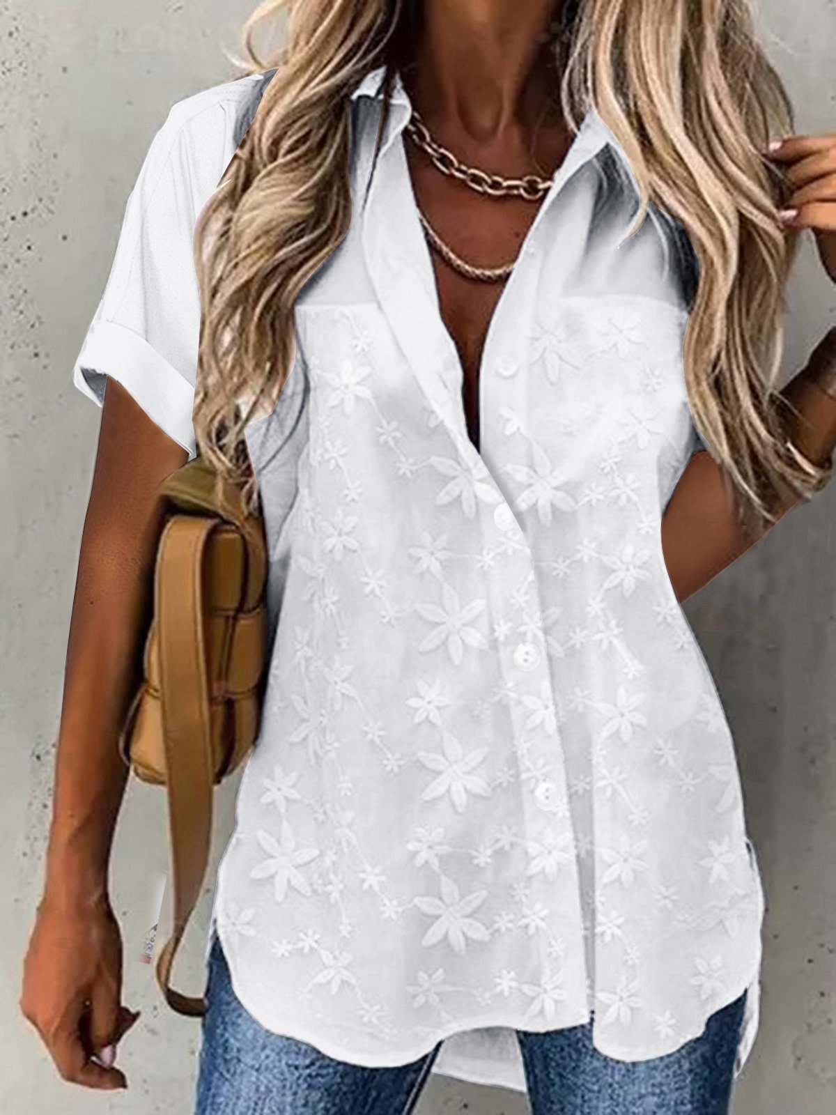 Blouses Décontracté Plain Été Aucune élasticité Dentelle Coton Régulier Droit T.-N.-L. pour Femmes