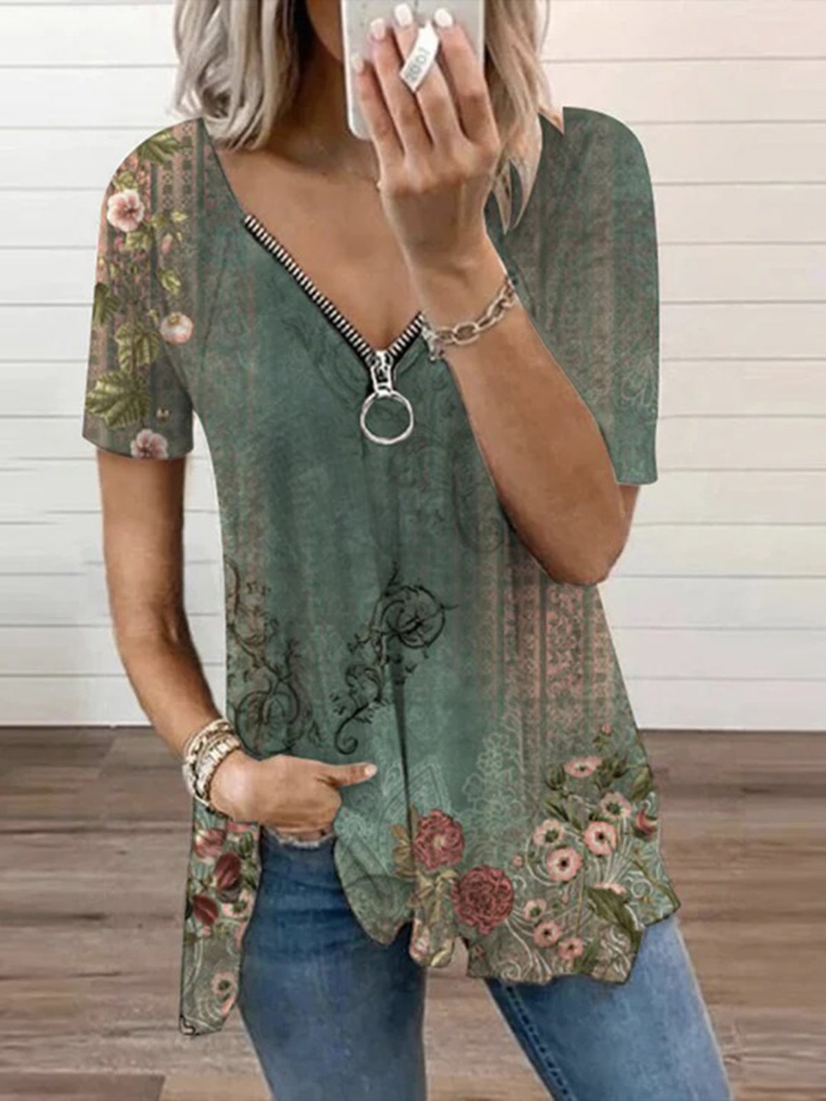 Chemises Femmes Décontracté Floral Été Col V Zip Micro-élasticité Ample Jersey RS