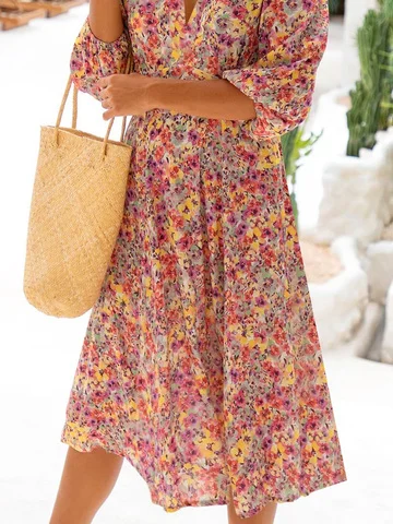 Robes Printemps / Automne Vacances Disty Floral Polyester Aucune élasticité Ample Mi-longue Régulier SV pour Femmes