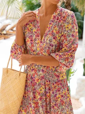 Robes Printemps / Automne Vacances Disty Floral Polyester Aucune élasticité Ample Mi-longue Régulier SV pour Femmes
