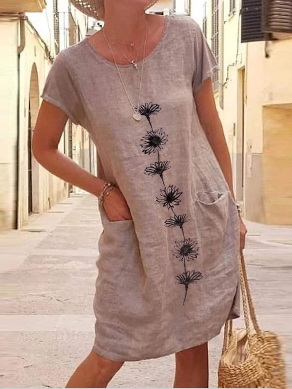 Robes Femmes Été en Lin Floral Motif Naturel Aucune élasticité Ample Droit Régulier Non