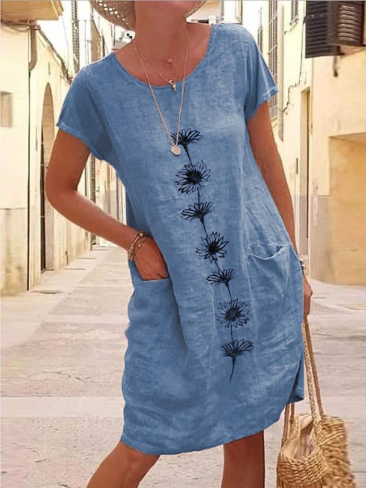 Robes Femmes Été en Lin Floral Motif Naturel Aucune élasticité Ample Droit Régulier Non