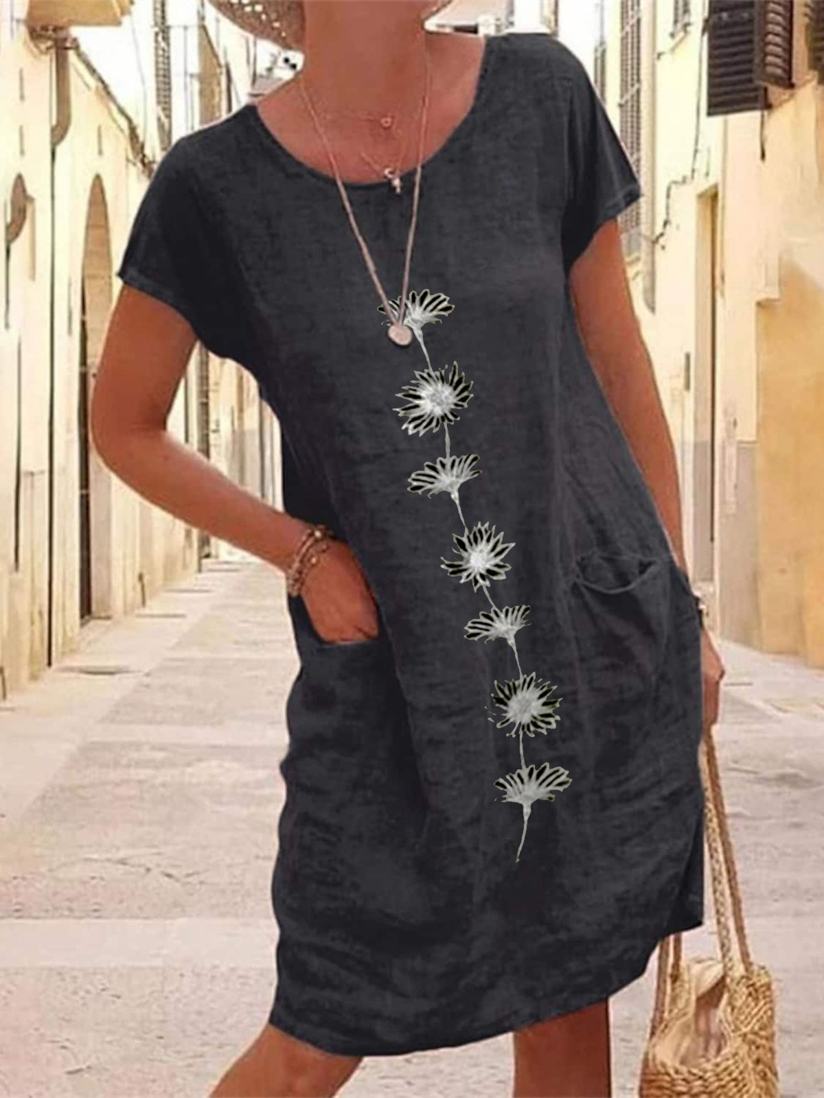 Robes Femmes Été en Lin Floral Motif Naturel Aucune élasticité Ample Droit Régulier Non