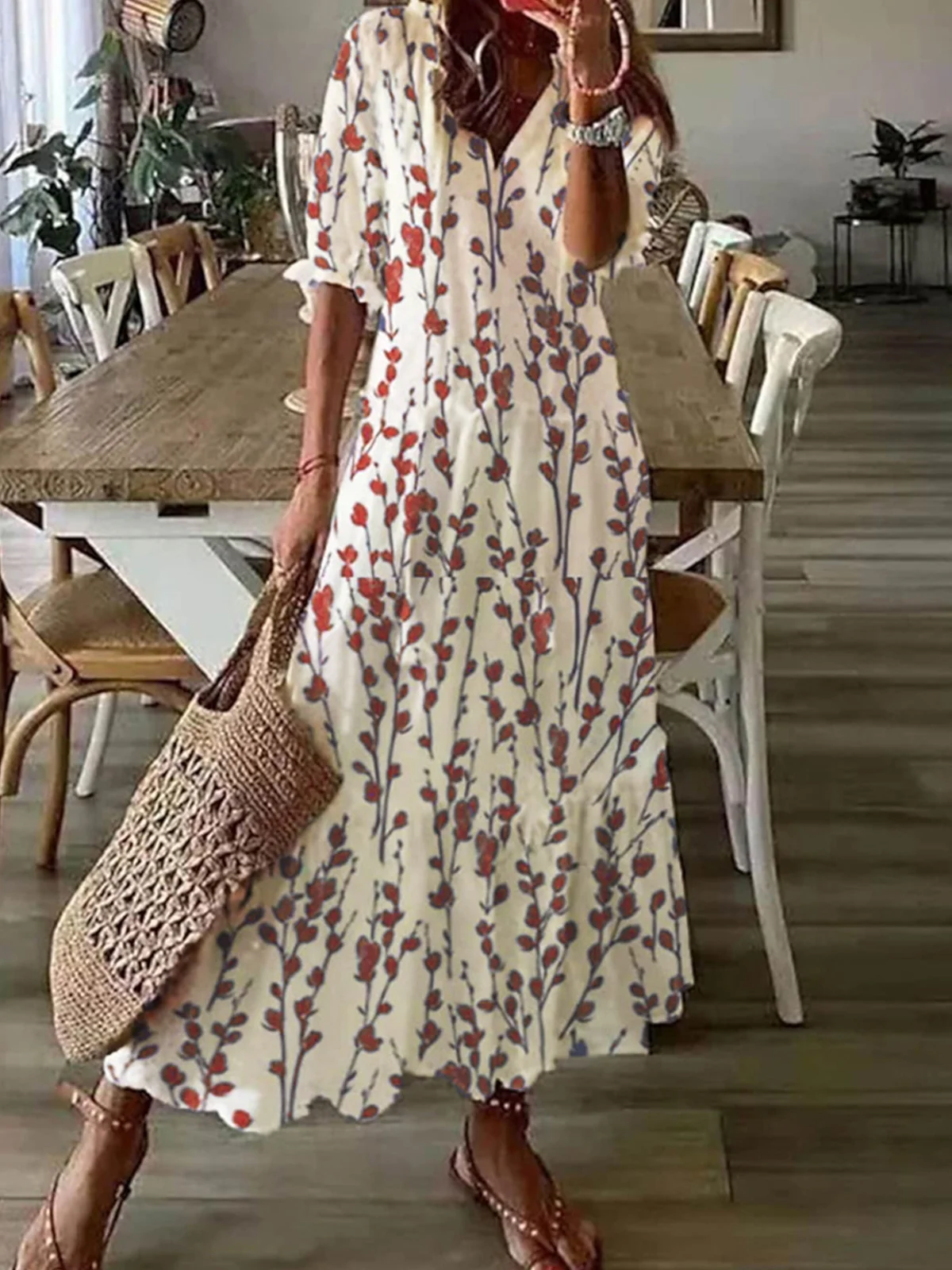 Robe Caftan Femmes Décontracté Bleu Floral Printemps Col V Aucune élasticité Quotidien Long Meilleure vente Trapèze