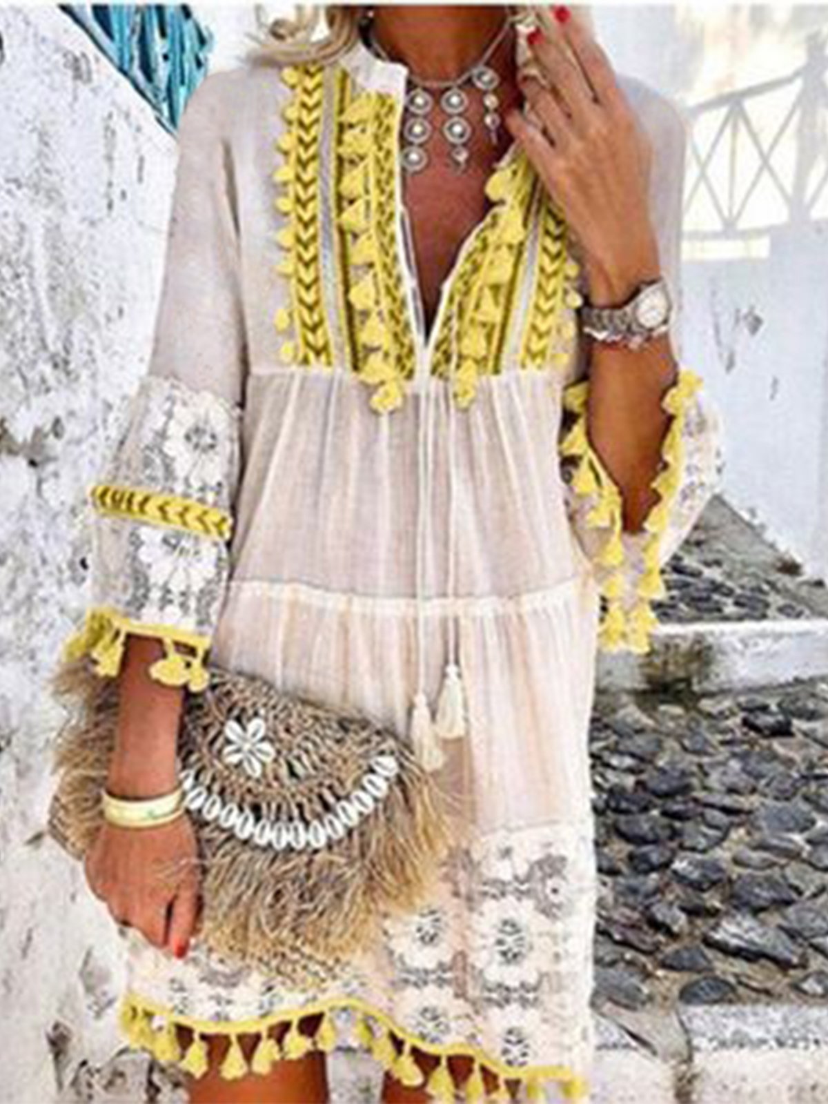 Vetement hippie chic Robe en dentelle Manches 3/4 Boho Robes
