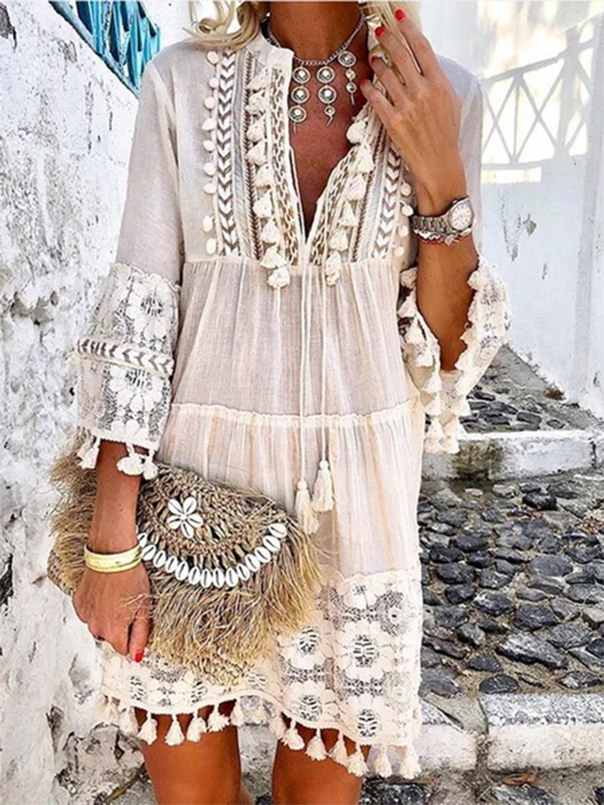 Vetement hippie chic Robe en dentelle Manches 3/4 Boho Robes